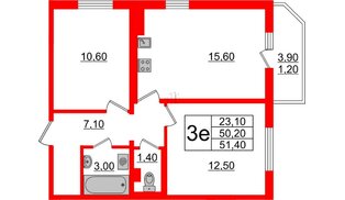 Квартира в ЖК 'Цивилизация', 2 комнатная, 51.4 м², 2 этаж