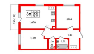 Квартира в ЖК 'Заповедный парк', 2 комнатная, 52.1 м², 6 этаж