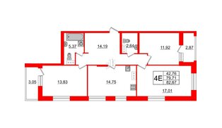 Квартира в ЖК Аквилон Leaves, 3 комнатная, 82.67 м², 12 этаж
