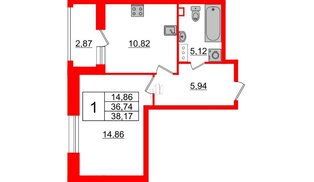Квартира в ЖК Аквилон Leaves, 1 комнатная, 38.17 м², 5 этаж