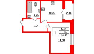 Квартира в ЖК Аквилон Leaves, 1 комнатная, 38.44 м², 2 этаж