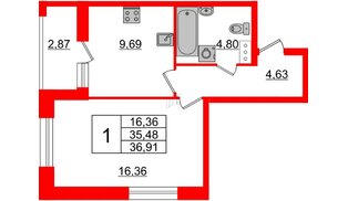 Квартира в ЖК Аквилон Leaves, 1 комнатная, 36.91 м², 5 этаж