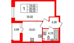 Квартира в ЖК Аквилон Leaves, 1 комнатная, 38.05 м², 3 этаж
