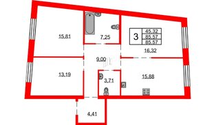 Квартира в ЖК Северная корона, 3 комнатная, 85.57 м², 3 этаж