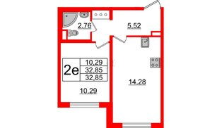 Квартира в ЖК Ручьи 2, 1 комнатная, 32.85 м², 2 этаж