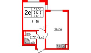 Квартира в ЖК Ручьи 2, 1 комнатная, 31.12 м², 2 этаж