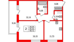 Апартаменты в ЖК Берег. Курортный, 2 комнатные, 58.12 м², 4 этаж
