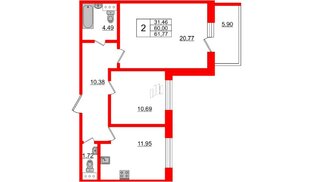 Апартаменты в ЖК Берег. Курортный, 2 комнатные, 61.77 м², 2 этаж