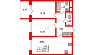Апартаменты в ЖК Берег. Курортный, 2 комнатные, 61.03 м², 2 этаж