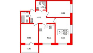 Апартаменты в ЖК Берег. Курортный, 3 комнатные, 76.77 м², 2 этаж