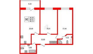 Апартаменты в ЖК Берег. Курортный, 2 комнатные, 86.12 м², 5 этаж