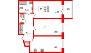 Апартаменты в ЖК Берег. Курортный, 2 комнатные, 68.23 м², 2 этаж