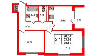 Квартира в ЖК Солнечный город. Резиденции, 2 комнатная, 53.92 м², 4 этаж