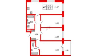 Апартаменты в ЖК Берег. Курортный, 3 комнатные, 86.03 м², 2 этаж