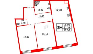Квартира в ЖК Северная корона, 2 комнатная, 92.36 м², 2 этаж