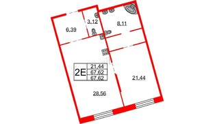 Квартира в ЖК Северная корона, 1 комнатная, 67.62 м², 2 этаж