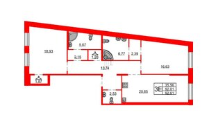 Квартира в ЖК Северная корона, 2 комнатная, 92.61 м², 2 этаж