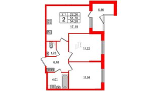 Квартира в ЖК 'Парадный ансамбль', 2 комнатная, 51.7 м², 1 этаж
