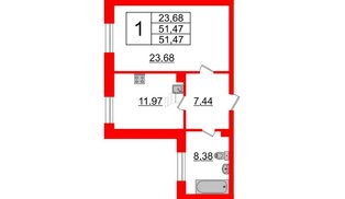Квартира в ЖК Neva Haus, 1 комнатная, 51.4 м², 2 этаж