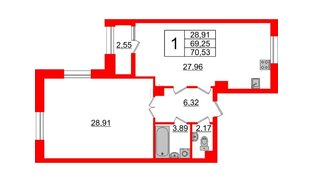 Квартира в ЖК Neva Haus, 1 комнатная, 70.5 м², 5 этаж