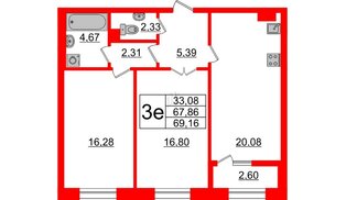 Квартира в ЖК Neva Haus, 2 комнатная, 69.16 м², 6 этаж