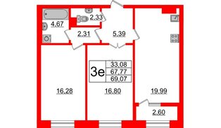 Квартира в ЖК Neva Haus, 2 комнатная, 69.07 м², 7 этаж