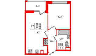 Квартира в ЖК 'Pulse Premier', 1 комнатная, 33.34 м², 2 этаж