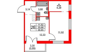 Квартира в ЖК ID Кудрово, 1 комнатная, 36.65 м², 3 этаж