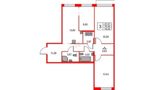 Квартира в ЖК ID Кудрово, 3 комнатная, 76.45 м², 2 этаж
