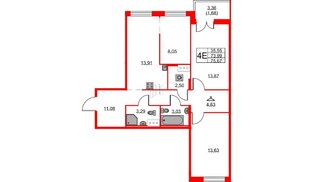 Квартира в ЖК ID Кудрово, 3 комнатная, 75.67 м², 3 этаж