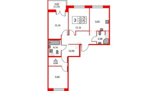 Квартира в ЖК ID Кудрово, 3 комнатная, 67.17 м², 4 этаж