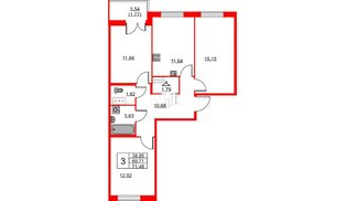 Квартира в ЖК ID Кудрово, 3 комнатная, 71.48 м², 3 этаж