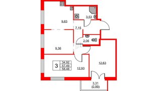 Квартира в ЖК ID Кудрово, 3 комнатная, 58.48 м², 2 этаж