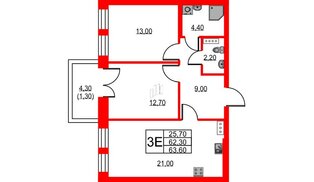 Квартира в ЖК NEWПИТЕР, 2 комнатная, 63.6 м², 2 этаж