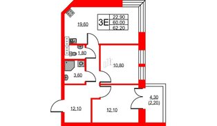 Квартира в ЖК NEWПИТЕР, 2 комнатная, 62.2 м², 2 этаж