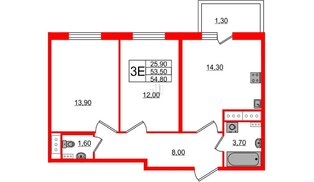 Квартира в ЖК Ветер Перемен, 2 комнатная, 54.8 м², 14 этаж
