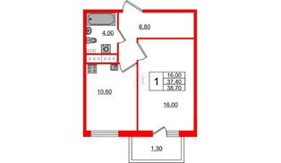 Квартира в ЖК Ветер Перемен, 1 комнатная, 38.7 м², 10 этаж
