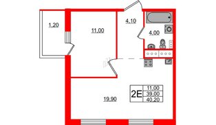 Квартира в ЖК Ветер Перемен, 1 комнатная, 40.2 м², 6 этаж