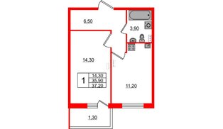 Квартира в ЖК Ветер Перемен, 1 комнатная, 37.2 м², 2 этаж