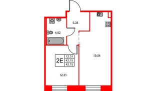 Квартира в ЖК ID Светлановский, 1 комнатная, 42.15 м², 2 этаж