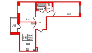 Квартира в ЖК Новое Колпино, 2 комнатная, 53.59 м², 11 этаж