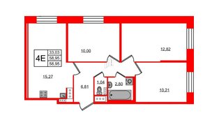 Квартира в ЖК Новое Колпино, 3 комнатная, 58.95 м², 2 этаж