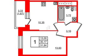 Квартира в ЖК Новое Колпино, 1 комнатная, 31.84 м², 11 этаж