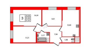 Квартира в ЖК Новое Колпино, 3 комнатная, 62.18 м², 2 этаж