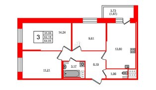 Квартира в ЖК Новое Колпино, 3 комнатная, 64.05 м², 8 этаж