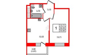 Квартира в ЖК Новое Колпино, 1 комнатная, 33.6 м², 11 этаж