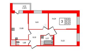 Квартира в ЖК Новое Колпино, 3 комнатная, 64.05 м², 10 этаж