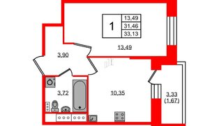 Квартира в ЖК Новое Колпино, 1 комнатная, 33.13 м², 9 этаж