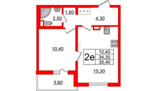 Квартира в ЖК 'Цивилизация', 1 комнатная, 35.4 м², 2 этаж