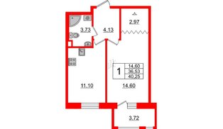 Квартира в ЖК ИЛОНА, 1 комнатная, 37.65 м², 2 этаж